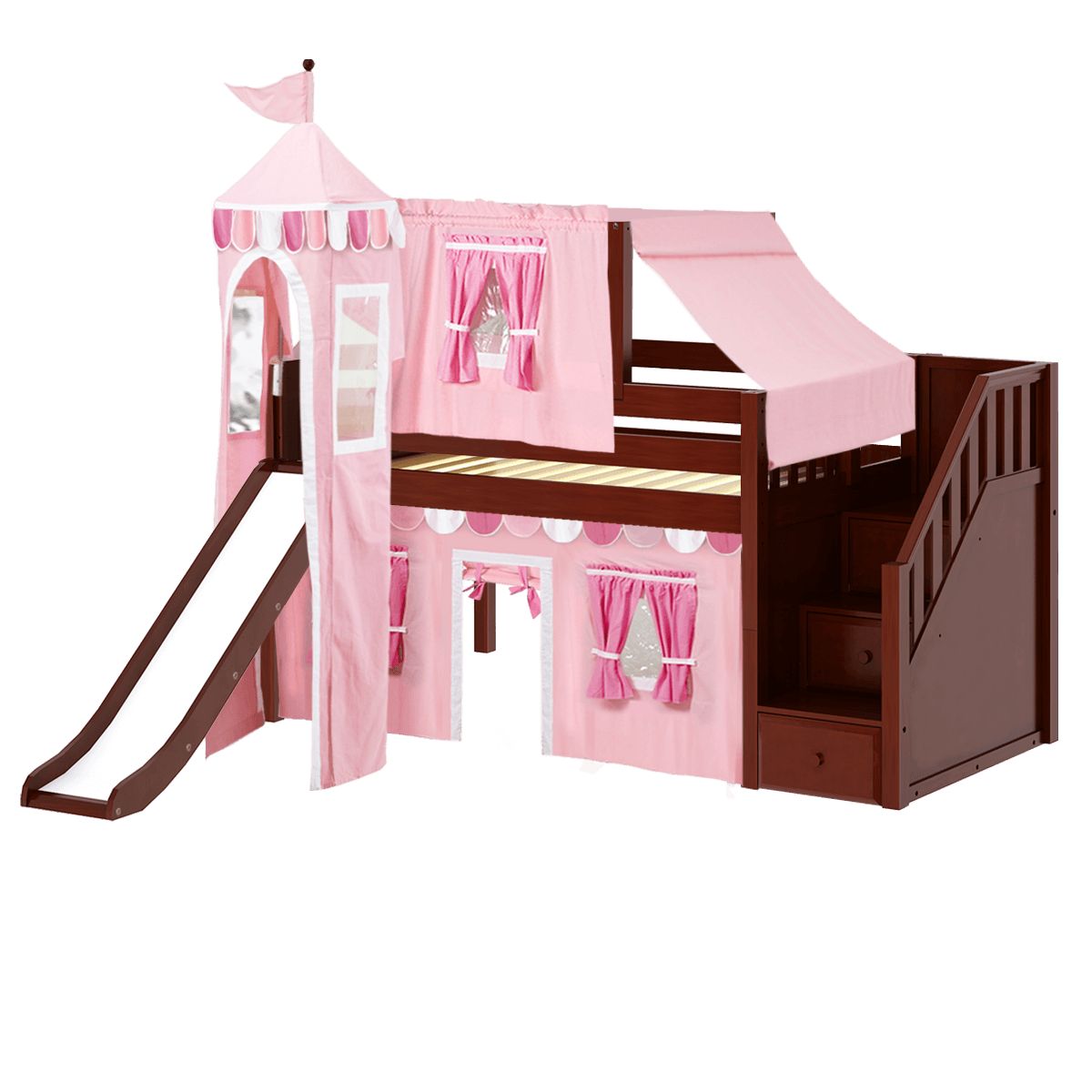 DELICIOUS64 CP : Loft Bed Twin Low Loft Bed with Stairs, Curtain, Top Tent, Tower + Slide, Panel, Chestnut