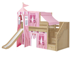 DELICIOUS64 NP : Loft Bed Twin Low Loft Bed with Stairs, Curtain, Top Tent, Tower + Slide, Panel, Natural