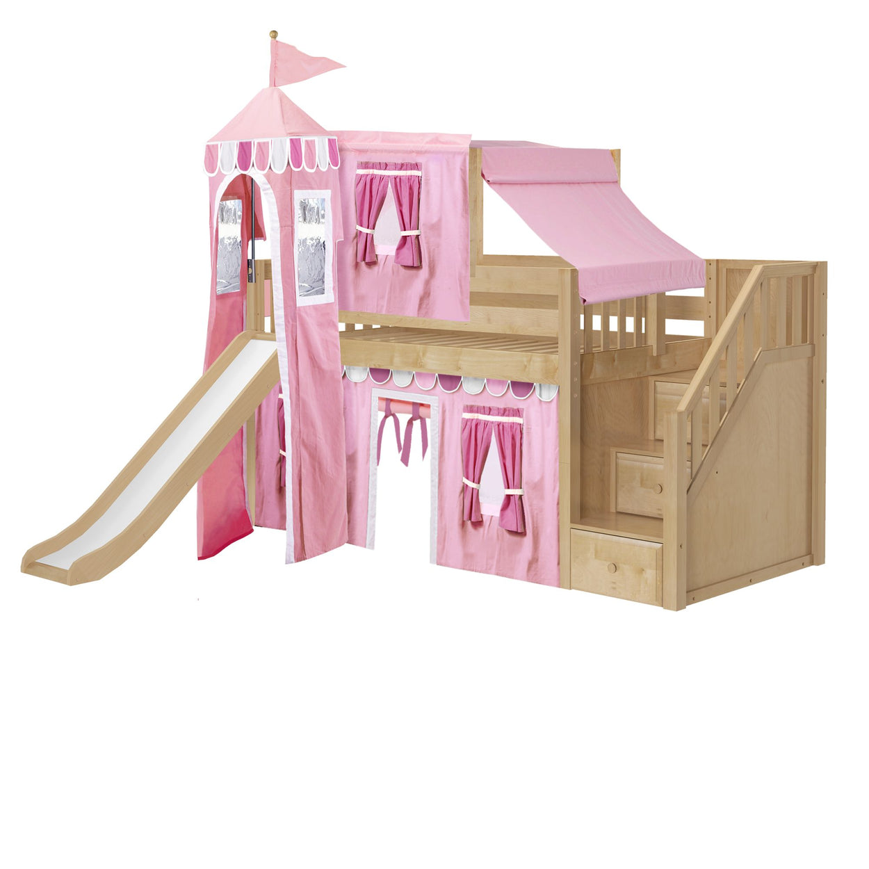 DELICIOUS64 NS : Loft Bed Twin Low Loft Bed with Stairs, Curtain, Top Tent, Tower + Slide, Slat, Natural