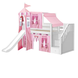 DELICIOUS64 WC : Play Loft Beds Twin Low Loft Bed with Stairs, Curtain, Top Tent, Tower + Slide, Curved, White