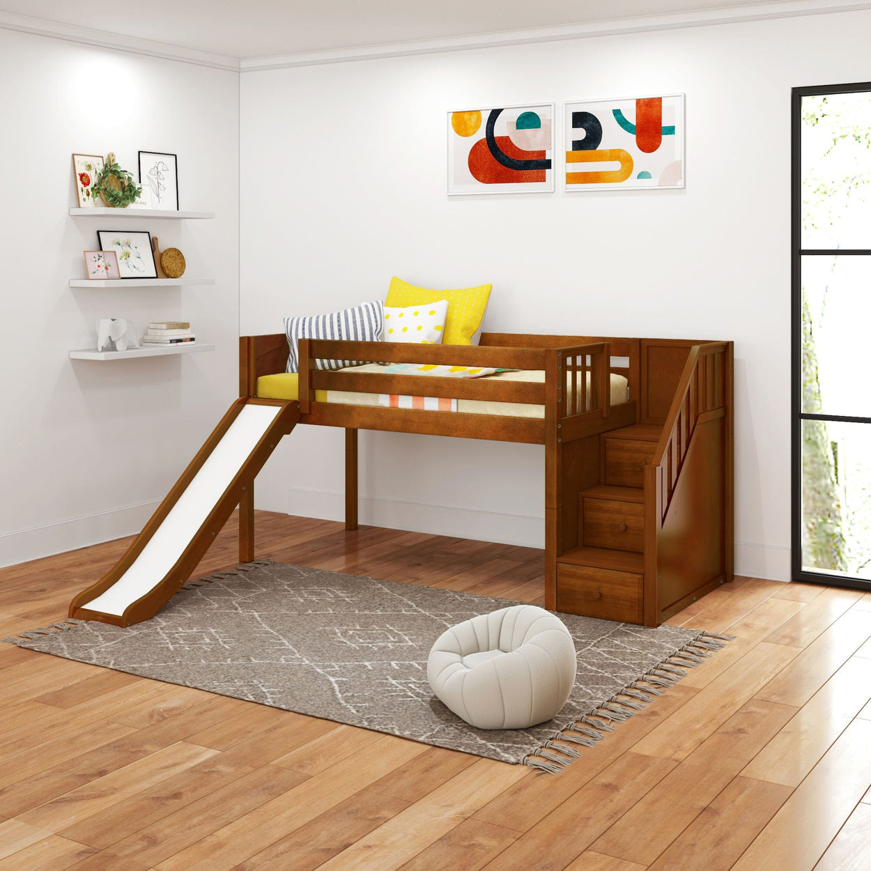 DELICIOUS CP : Play Loft Beds Twin Low Loft Bed with Stairs + Slide, Panel, Chestnut