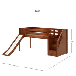 DELICIOUS CP : Play Loft Beds Twin Low Loft Bed with Stairs + Slide, Panel, Chestnut