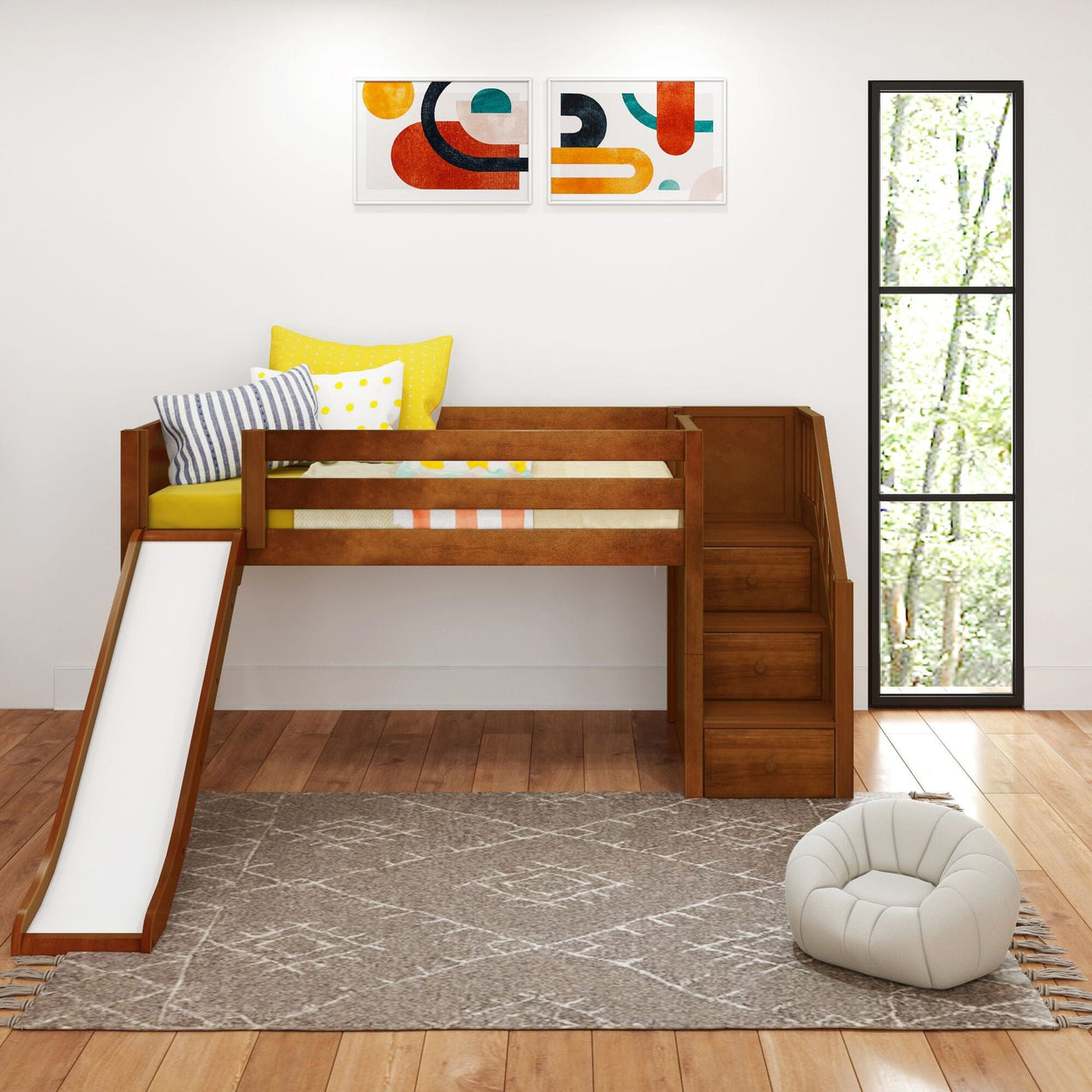 DELICIOUS CP : Loft Bed Twin Low Loft Bed with Stairs + Slide, Panel, Chestnut