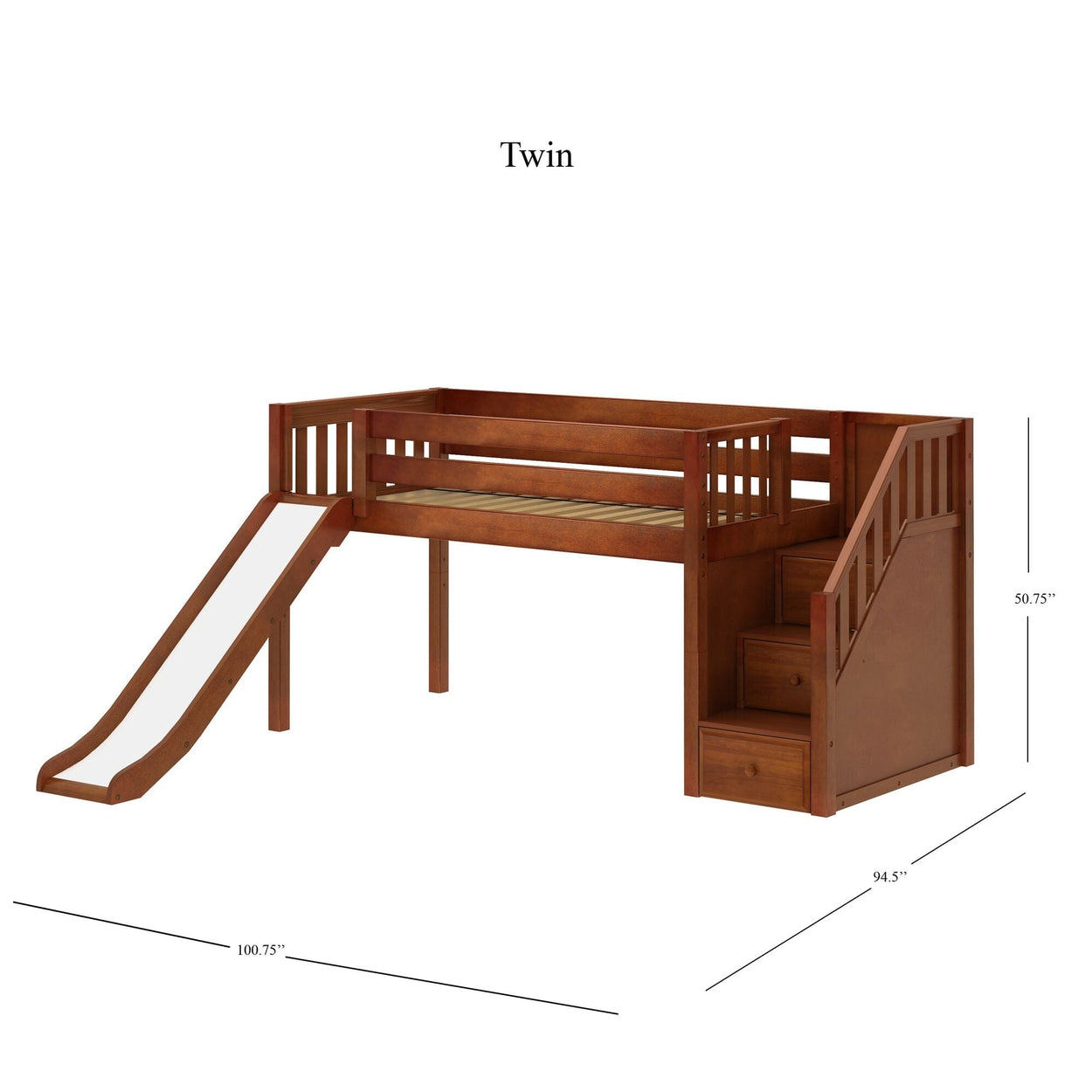 DELICIOUS CS : Loft Bed Twin Low Loft Bed with Stairs + Slide, Slat, Chestnut