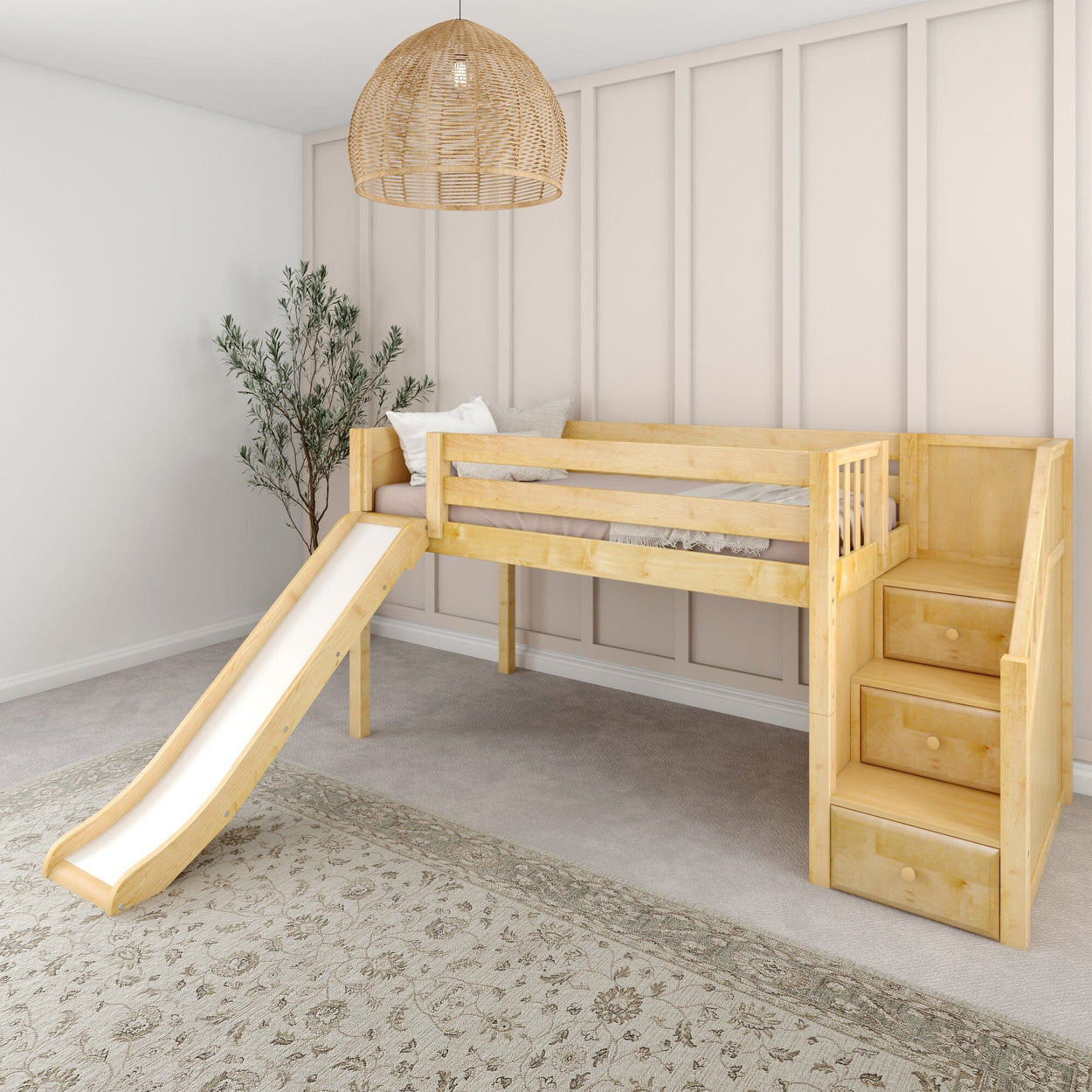 DELICIOUS NP : Play Loft Beds Twin Low Loft Bed with Stairs + Slide, Panel, Natural