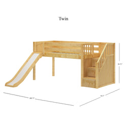 DELICIOUS NP : Play Loft Beds Twin Low Loft Bed with Stairs + Slide, Panel, Natural