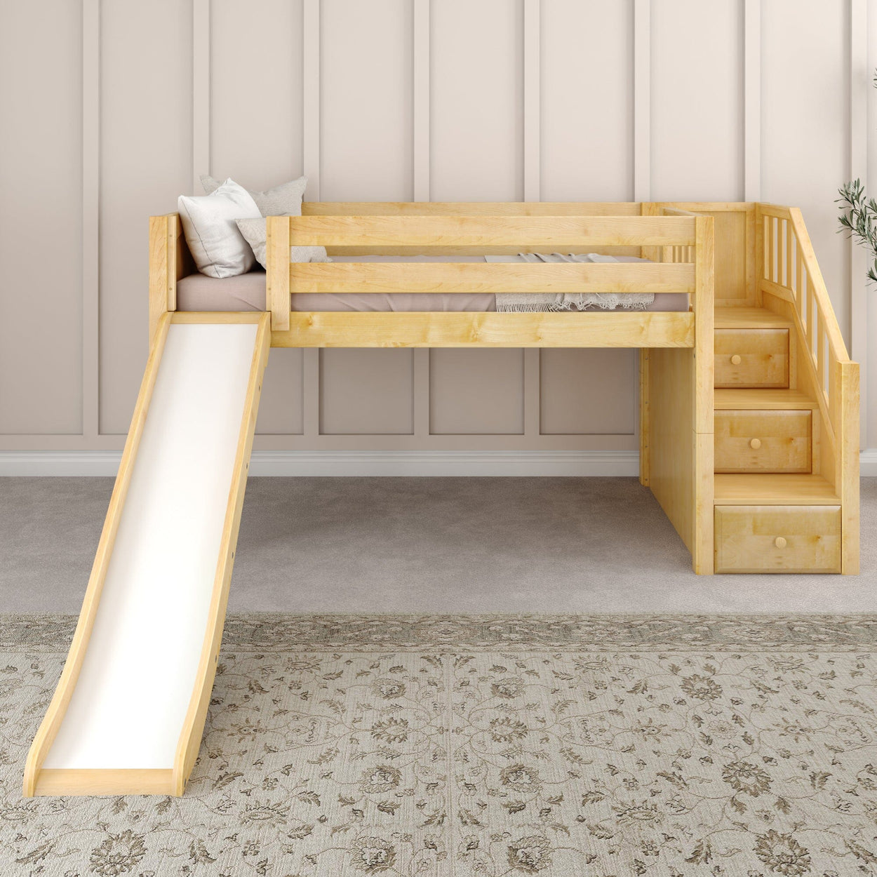 DELICIOUS NP : Loft Bed Twin Low Loft Bed with Stairs + Slide, Panel, Natural