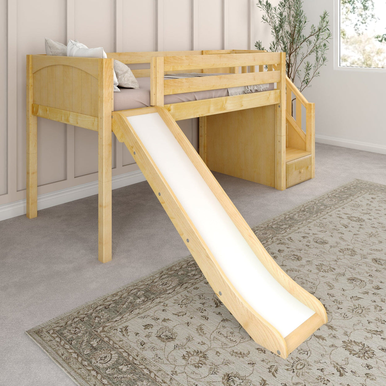 DELICIOUS NP : Loft Bed Twin Low Loft Bed with Stairs + Slide, Panel, Natural