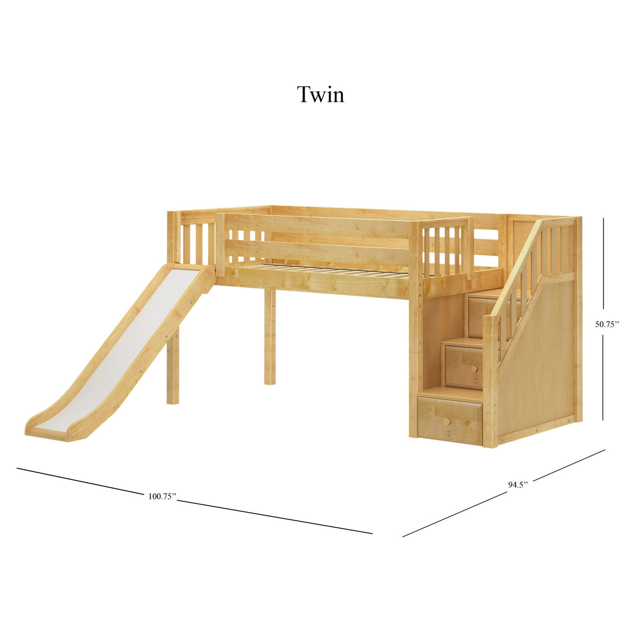 DELICIOUS NS : Play Loft Beds Twin Low Loft Bed with Stairs + Slide, Slat, Natural