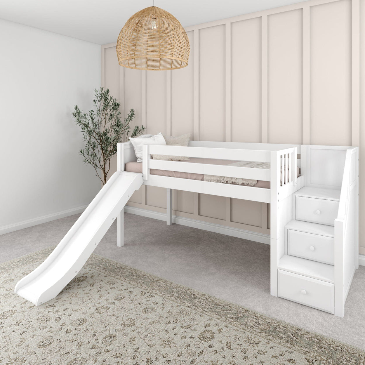 DELICIOUS WC : Play Loft Beds Twin Low Loft Bed with Stairs + Slide, Curved, White