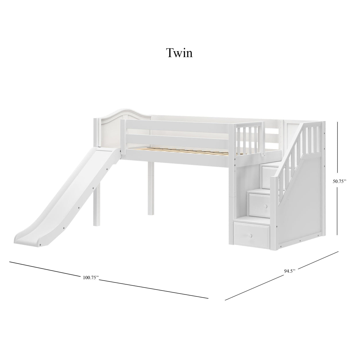 DELICIOUS WC : Loft Bed Twin Low Loft Bed with Stairs + Slide, Curved, White