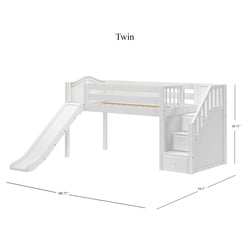 DELICIOUS WC : Play Loft Beds Twin Low Loft Bed with Stairs + Slide, Curved, White