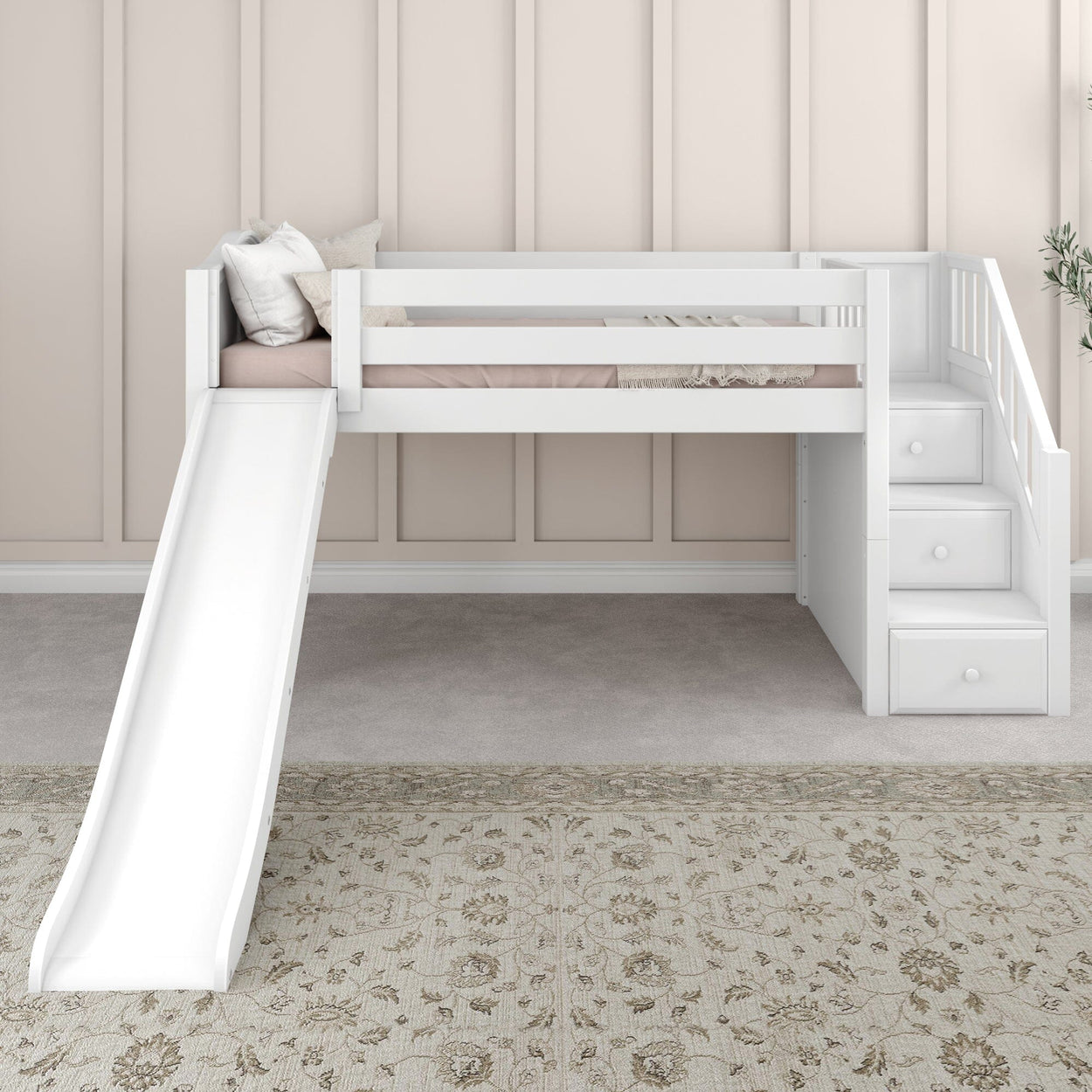 DELICIOUS WC : Loft Bed Twin Low Loft Bed with Stairs + Slide, Curved, White