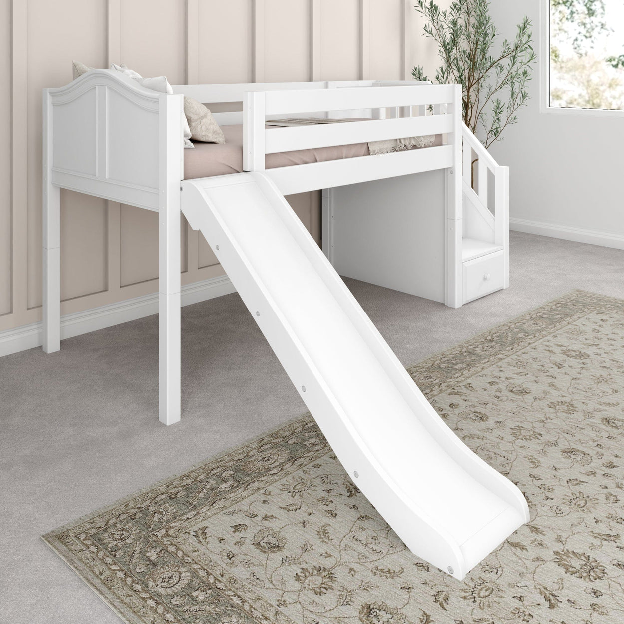 DELICIOUS WC : Play Loft Beds Twin Low Loft Bed with Stairs + Slide, Curved, White