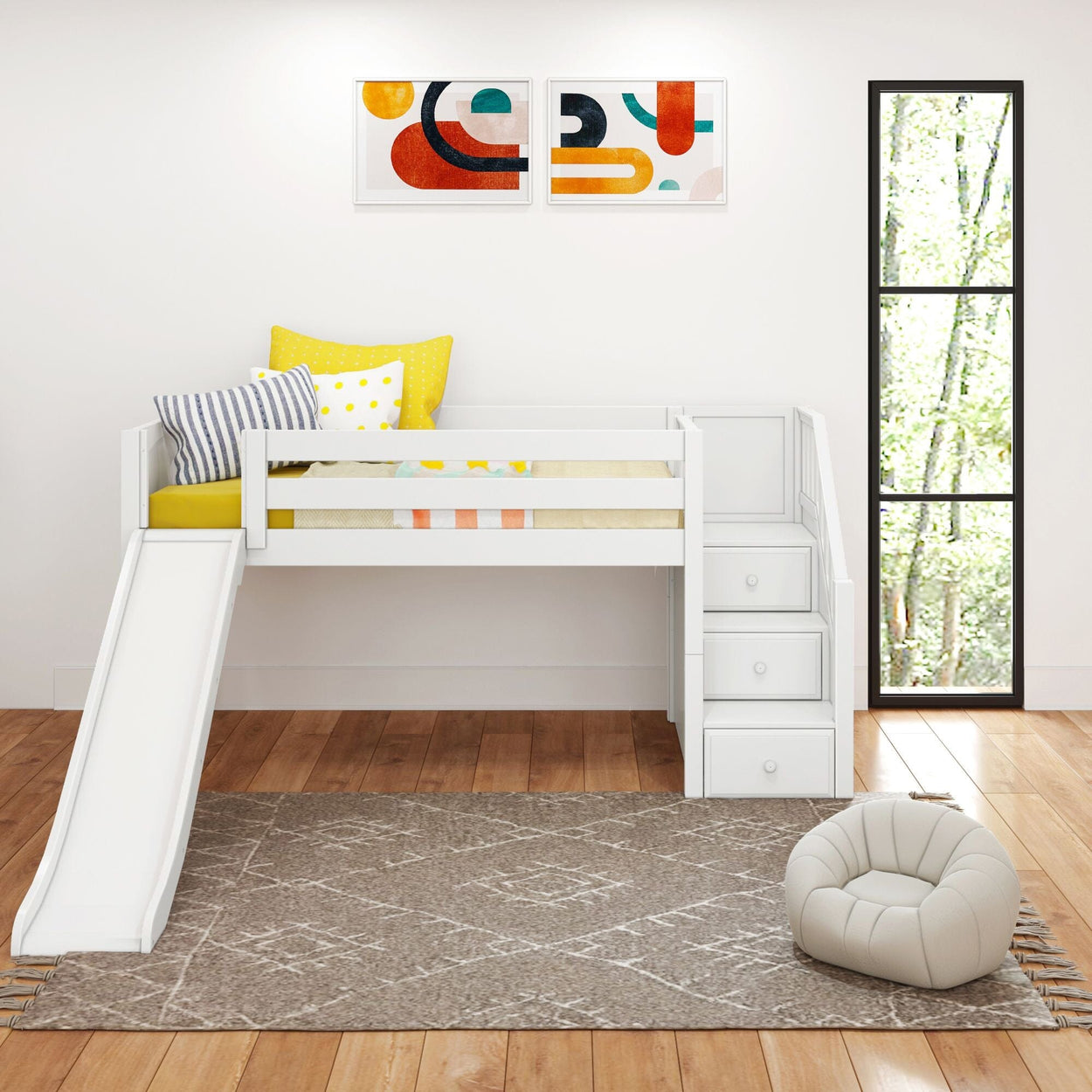 DELICIOUS WP : Loft Bed Twin Low Loft Bed with Stairs + Slide, Panel, White