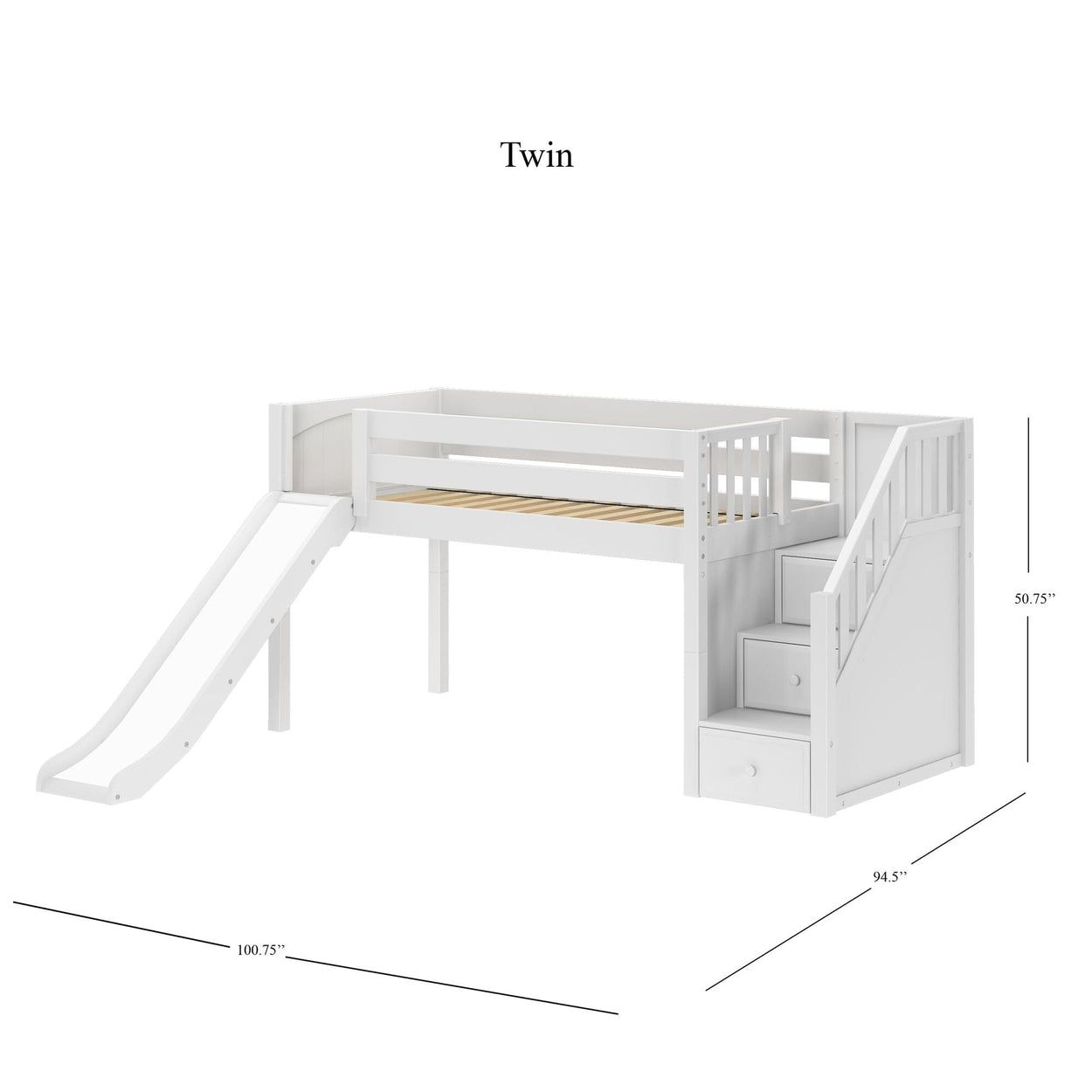 DELICIOUS WP : Play Loft Beds Twin Low Loft Bed with Stairs + Slide, Panel, White