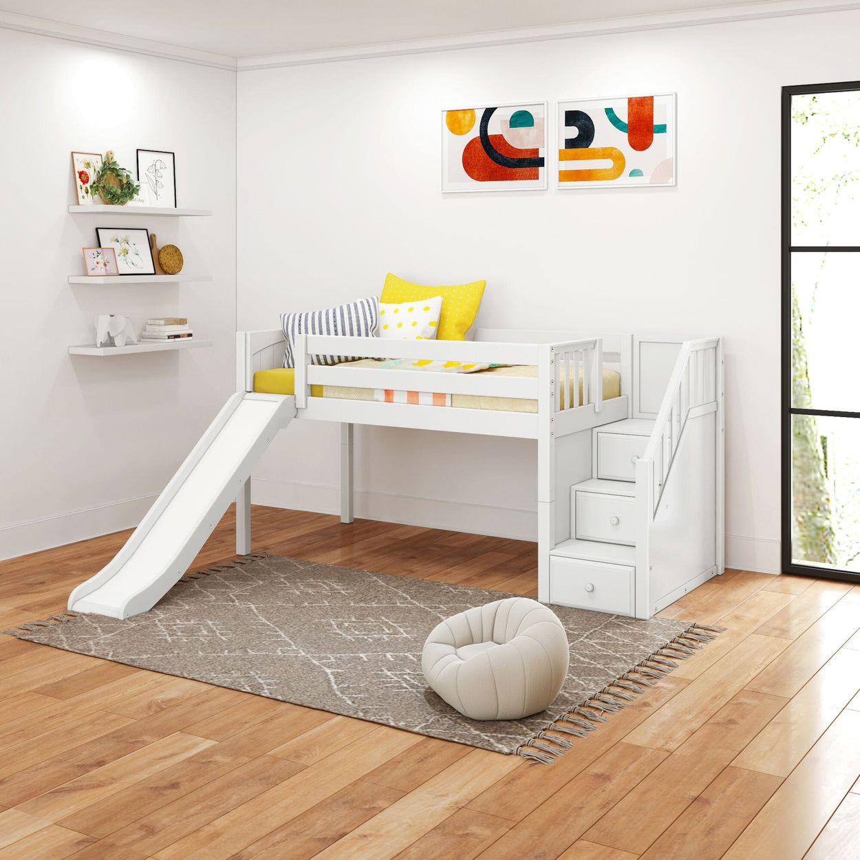 DELICIOUS WP : Play Loft Beds Twin Low Loft Bed with Stairs + Slide, Panel, White