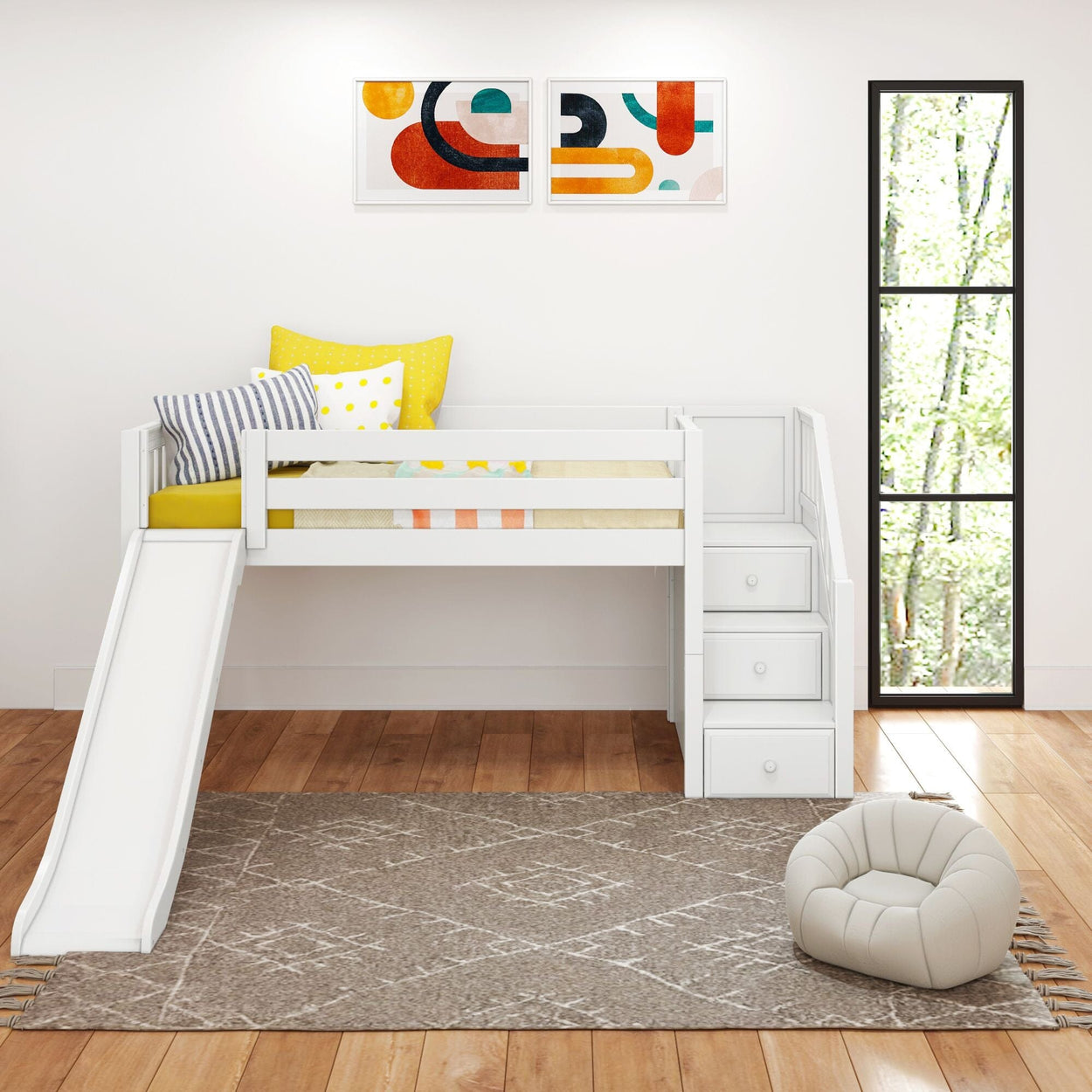 DELICIOUS WS : Play Loft Beds Twin Low Loft Bed with Stairs + Slide, Slat, White