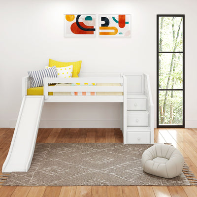 DELICIOUS WS : Play Loft Beds Twin Low Loft Bed with Stairs + Slide, Slat, White