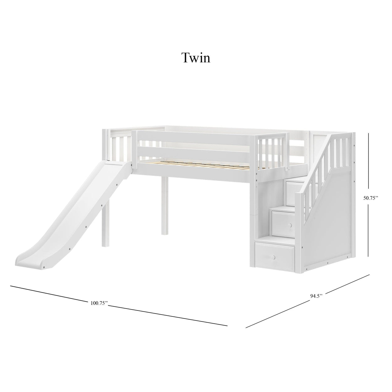 DELICIOUS WS : Play Loft Beds Twin Low Loft Bed with Stairs + Slide, Slat, White