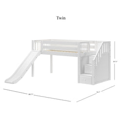 DELICIOUS WS : Loft Bed Twin Low Loft Bed with Stairs + Slide, Slat, White