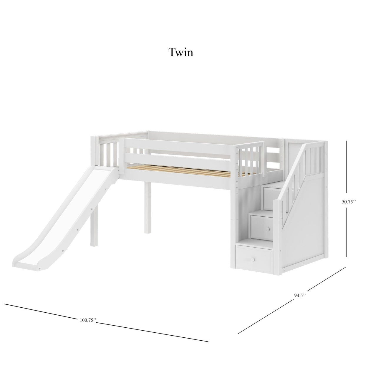 DELICIOUS WS : Loft Bed Twin Low Loft Bed with Stairs + Slide, Slat, White