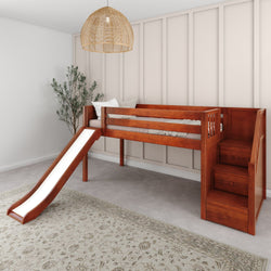 DELICIOUS XL CP : Play Loft Beds Twin XL Low Loft Bed with Stairs + Slide, Panel, Chestnut