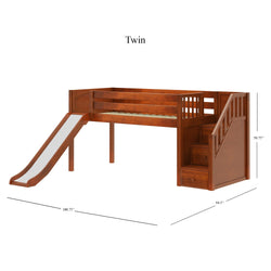 DELICIOUS XL CP : Play Loft Beds Twin XL Low Loft Bed with Stairs + Slide, Panel, Chestnut