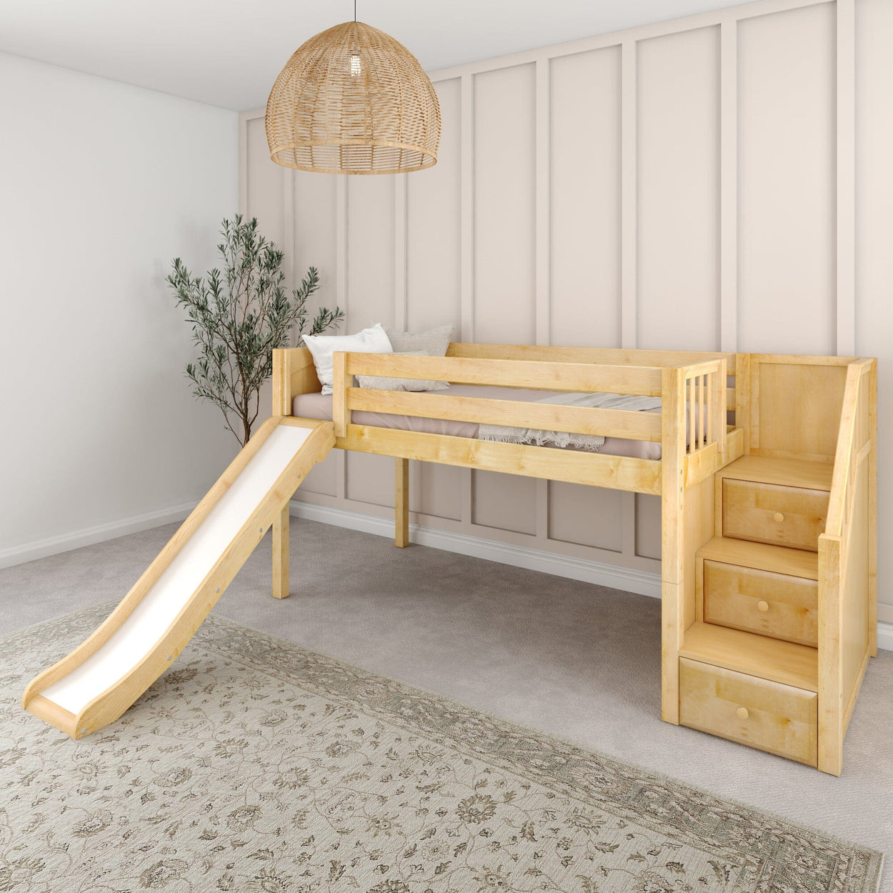 DELICIOUS XL NP : Play Loft Beds Twin XL Low Loft Bed with Stairs + Slide, Panel, Natural