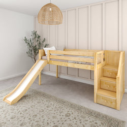 DELICIOUS XL NP : Play Loft Beds Twin XL Low Loft Bed with Stairs + Slide, Panel, Natural