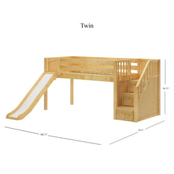 DELICIOUS XL NP : Play Loft Beds Twin XL Low Loft Bed with Stairs + Slide, Panel, Natural