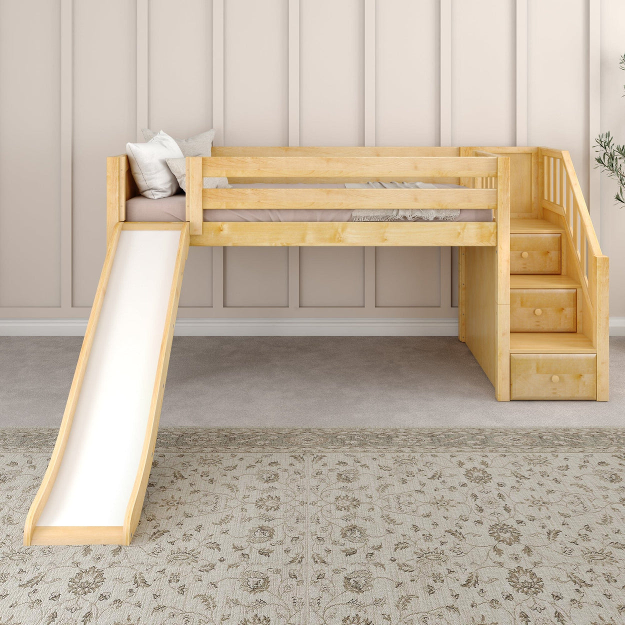 DELICIOUS XL NP : Play Loft Beds Twin XL Low Loft Bed with Stairs + Slide, Panel, Natural