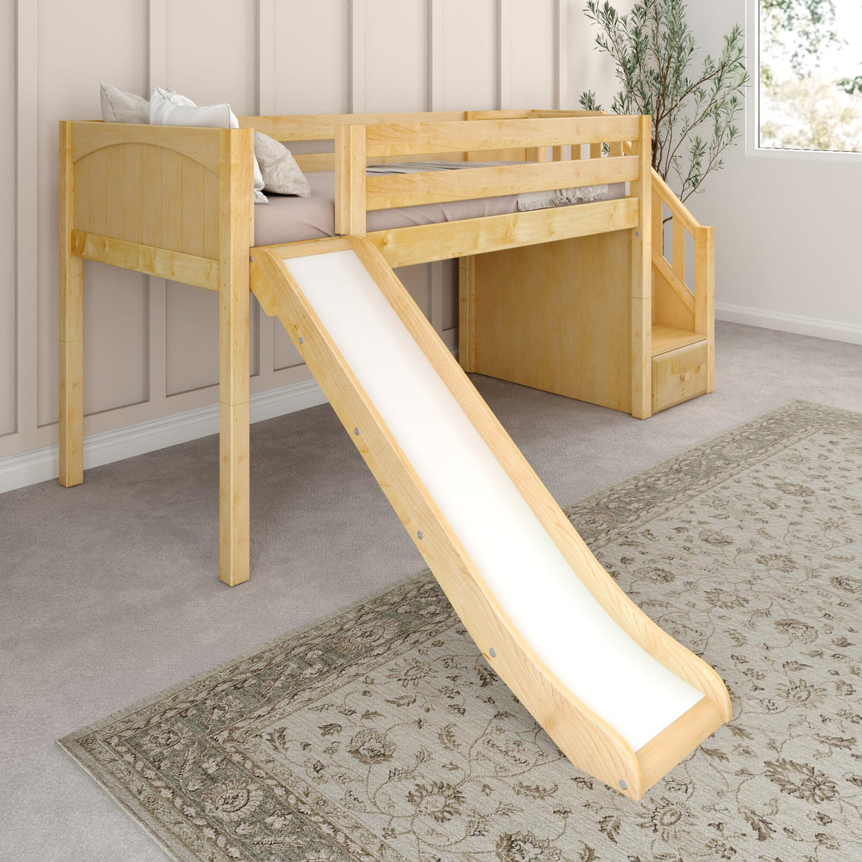 DELICIOUS XL NP : Play Loft Beds Twin XL Low Loft Bed with Stairs + Slide, Panel, Natural