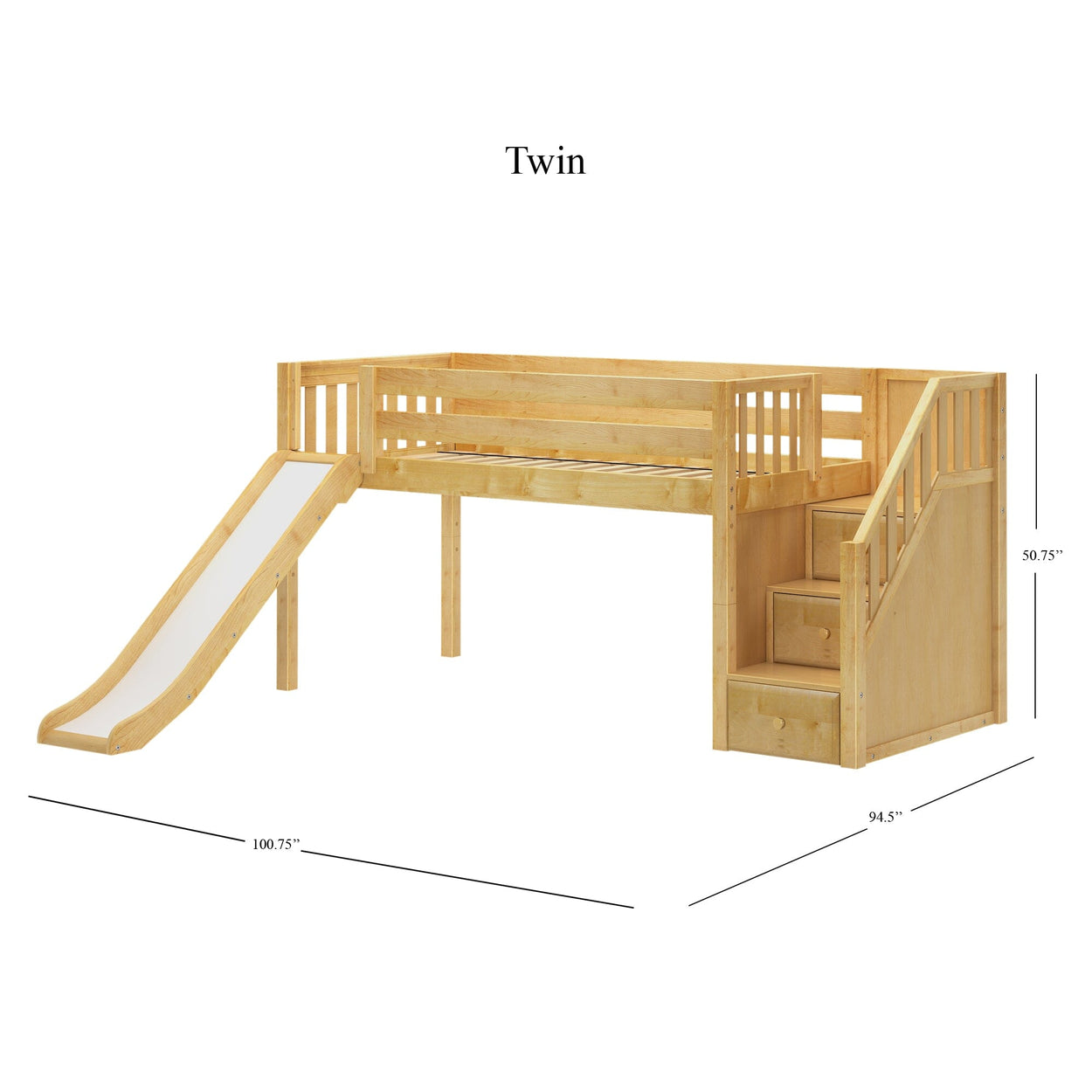 DELICIOUS XL NS : Play Loft Beds Twin XL Low Loft Bed with Stairs + Slide, Slat, Natural