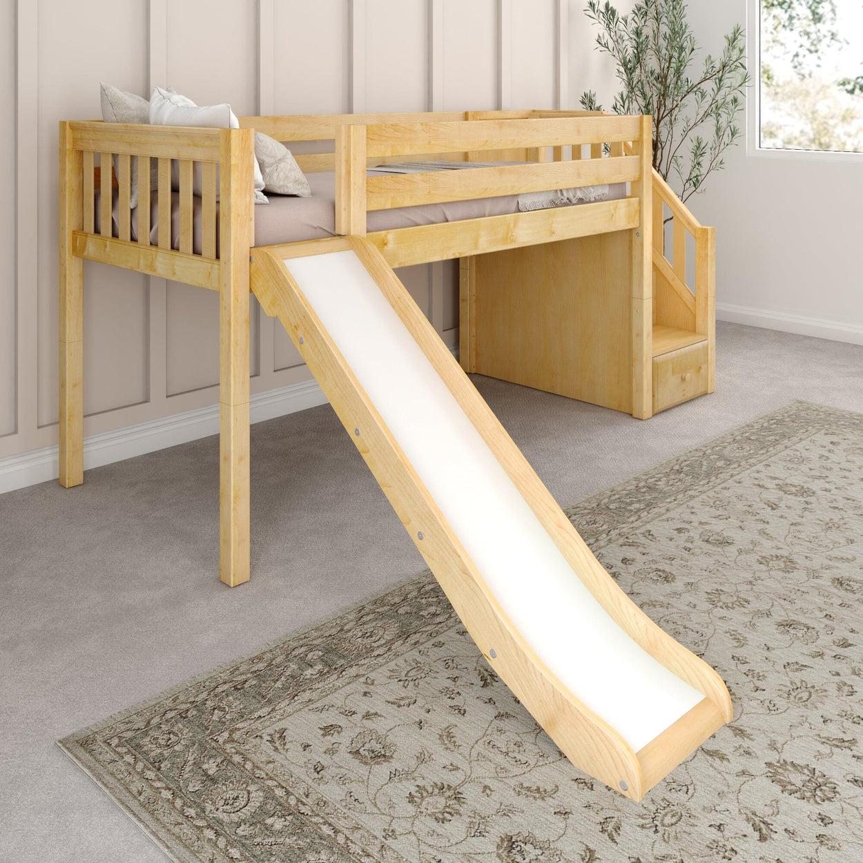 DELICIOUS XL NS : Play Loft Beds Twin XL Low Loft Bed with Stairs + Slide, Slat, Natural