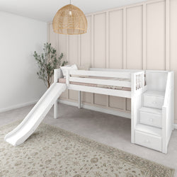 DELICIOUS XL WC : Play Loft Beds Twin XL Low Loft Bed with Stairs + Slide, Curved, White