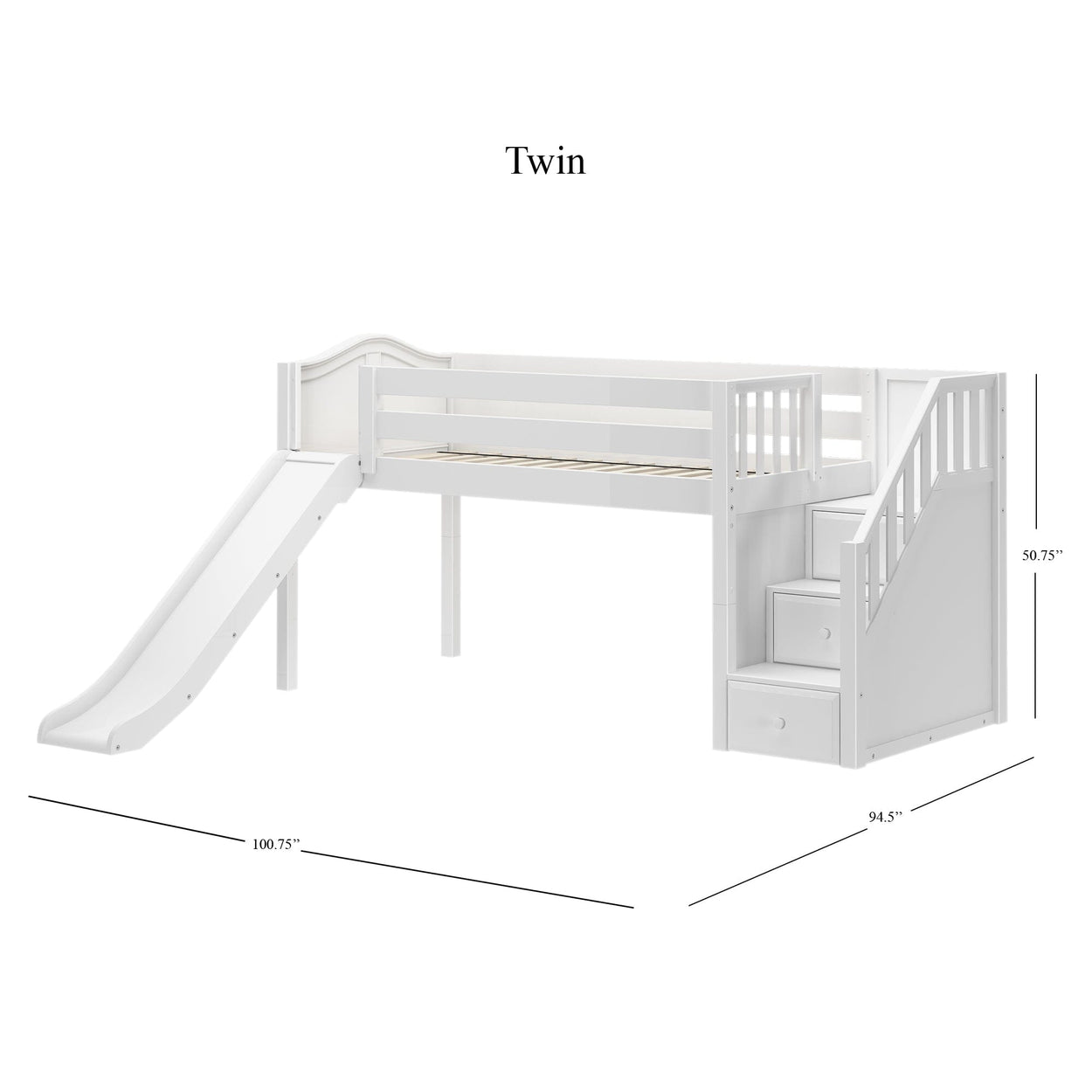 DELICIOUS XL WC : Play Loft Beds Twin XL Low Loft Bed with Stairs + Slide, Curved, White