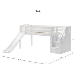 DELICIOUS XL WC : Play Loft Beds Twin XL Low Loft Bed with Stairs + Slide, Curved, White