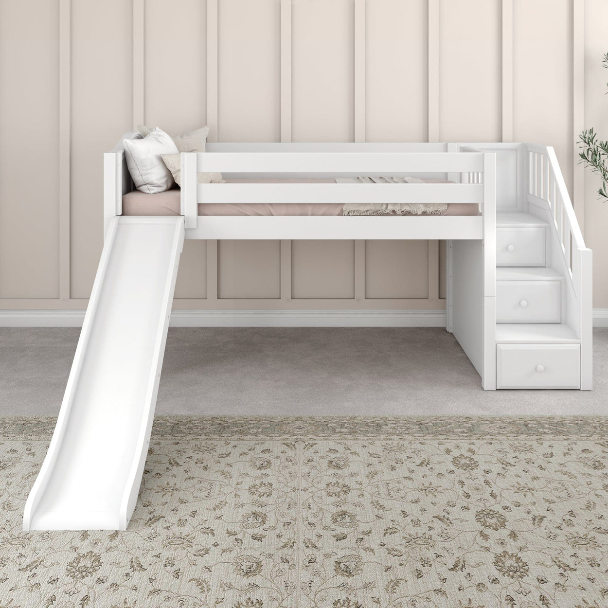 DELICIOUS XL WC : Play Loft Beds Twin XL Low Loft Bed with Stairs + Slide, Curved, White