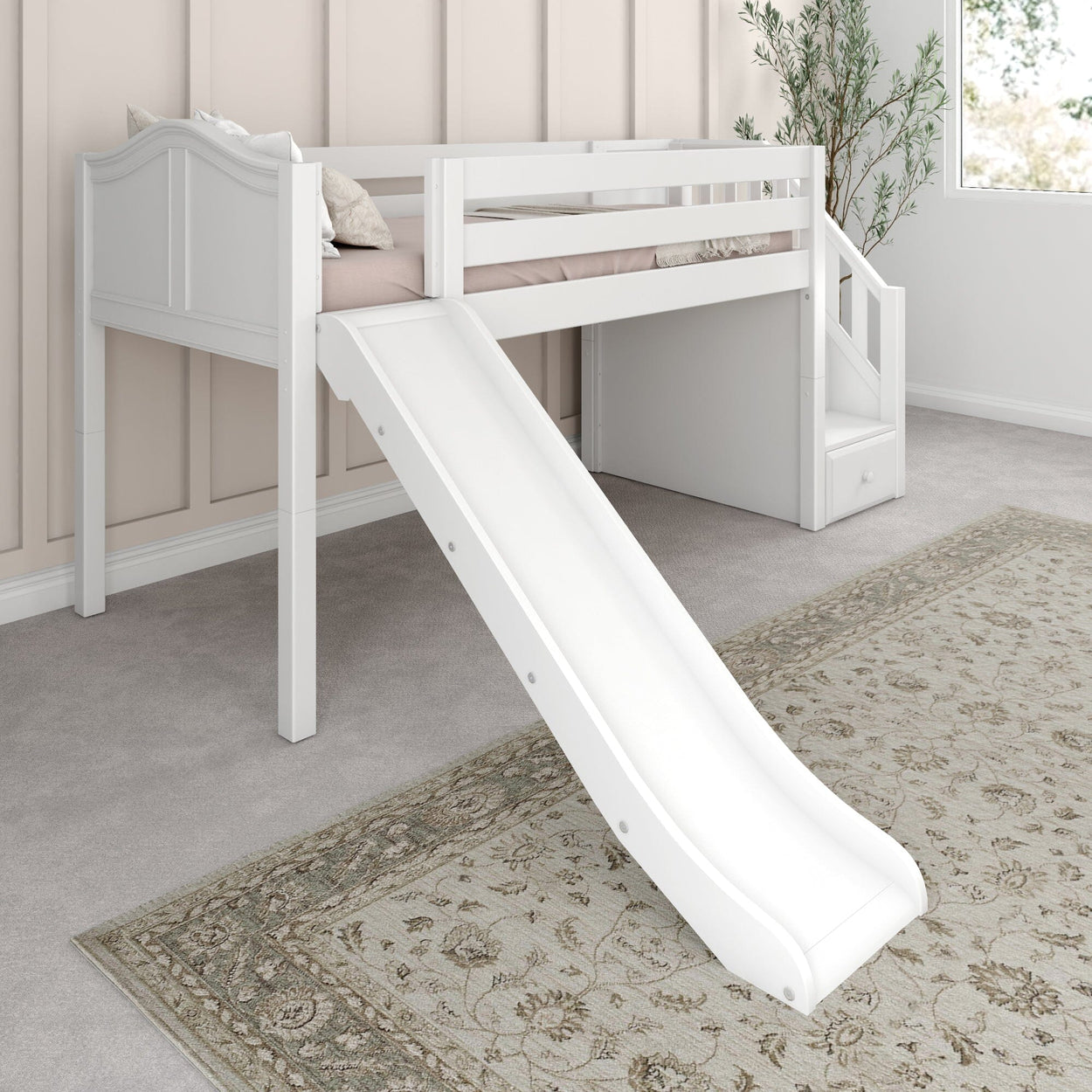 DELICIOUS XL WC : Play Loft Beds Twin XL Low Loft Bed with Stairs + Slide, Curved, White