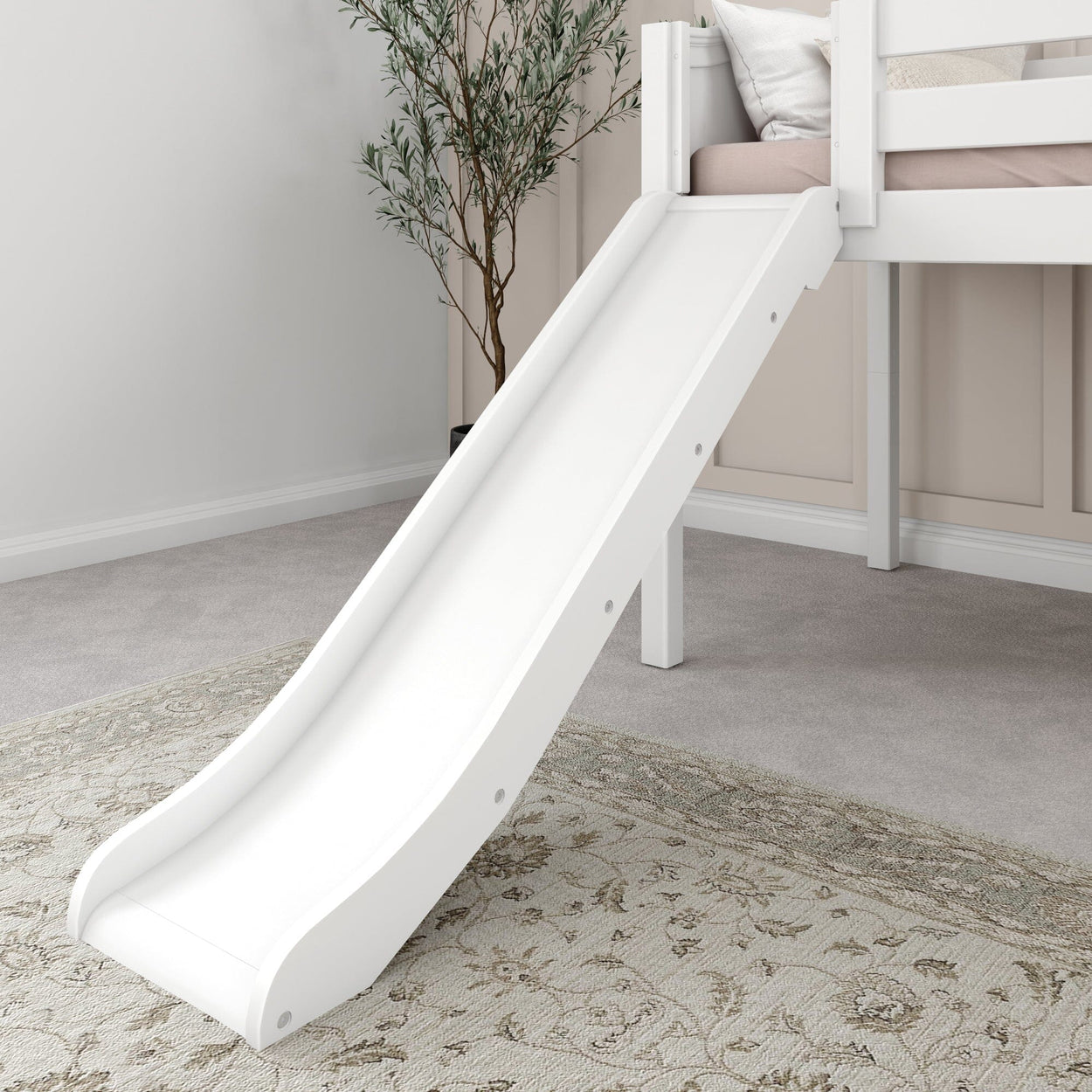 DELICIOUS XL WC : Play Loft Beds Twin XL Low Loft Bed with Stairs + Slide, Curved, White