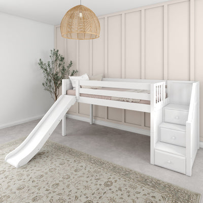 DELICIOUS XL WP : Play Loft Beds Twin XL Low Loft Bed with Stairs + Slide, Panel, White
