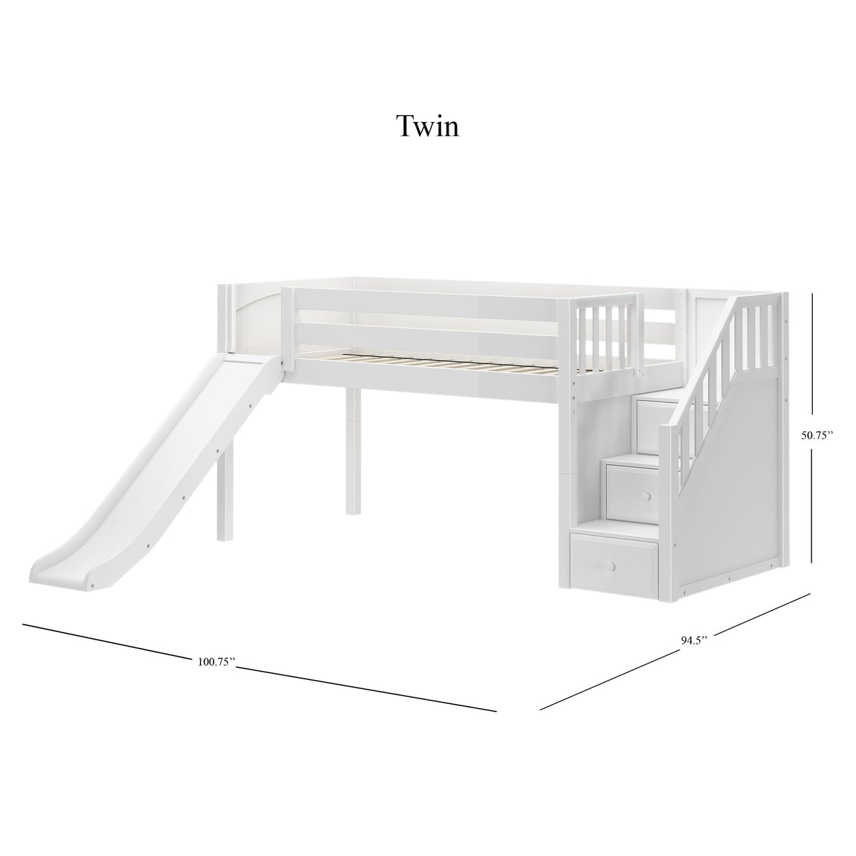 DELICIOUS XL WP : Play Loft Beds Twin XL Low Loft Bed with Stairs + Slide, Panel, White