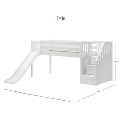 DELICIOUS XL WP : Play Loft Beds Twin XL Low Loft Bed with Stairs + Slide, Panel, White