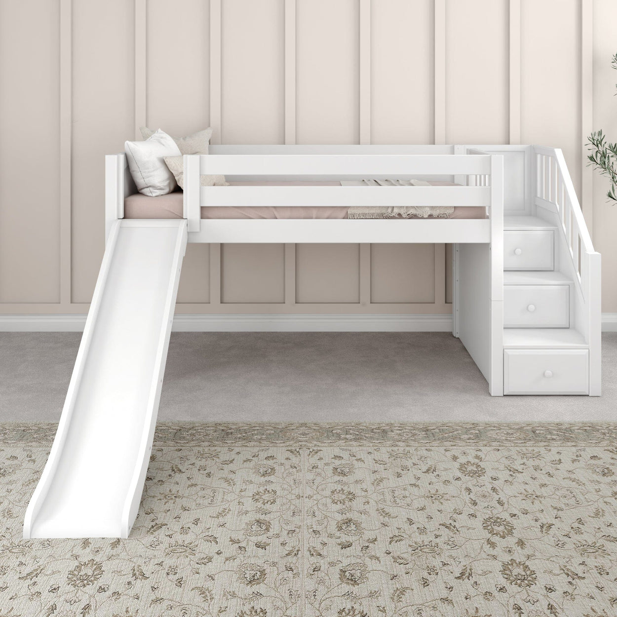 DELICIOUS XL WP : Play Loft Beds Twin XL Low Loft Bed with Stairs + Slide, Panel, White