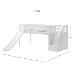 DELICIOUS XL WS : Play Loft Beds Twin XL Low Loft Bed with Stairs + Slide, Slat, White