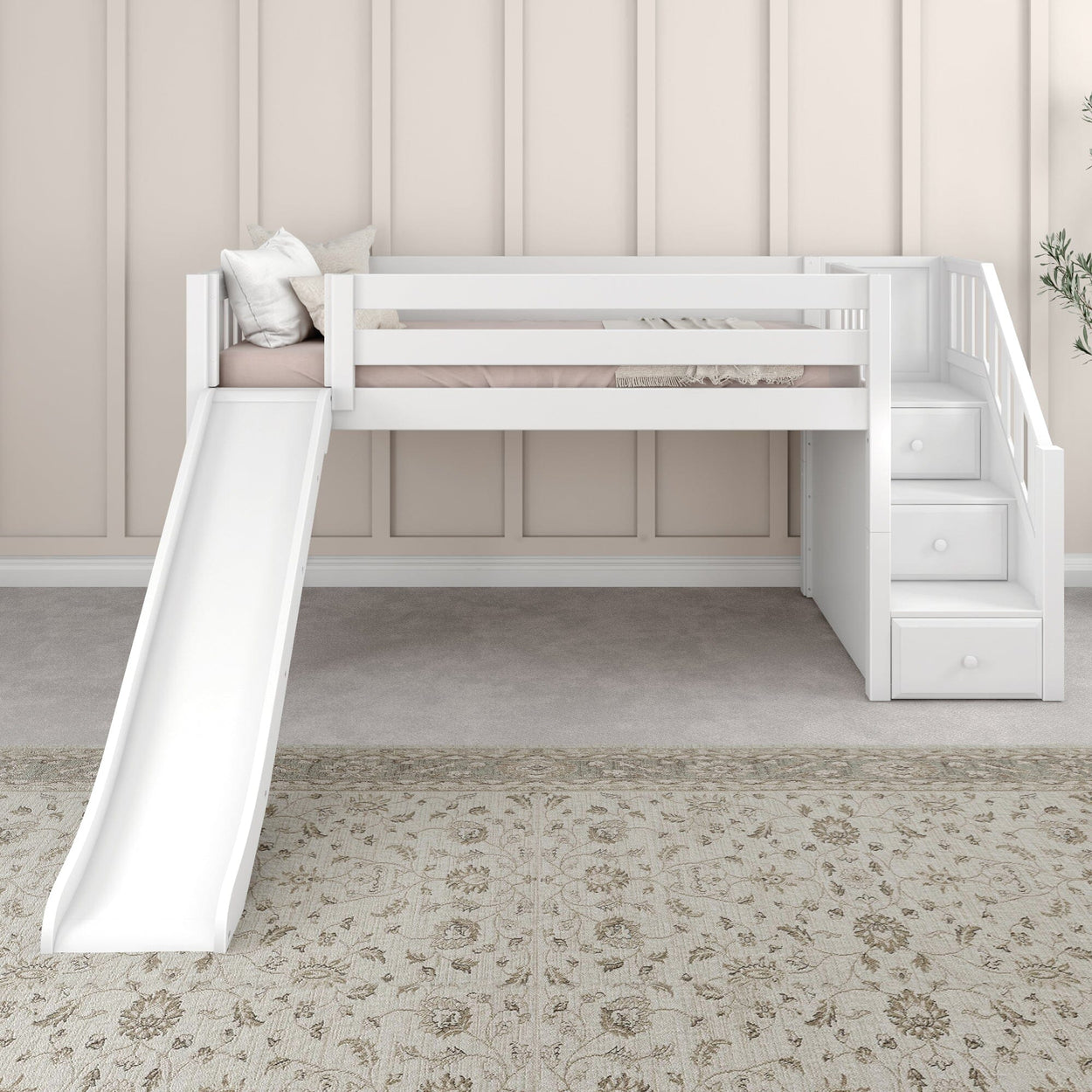 DELICIOUS XL WS : Play Loft Beds Twin XL Low Loft Bed with Stairs + Slide, Slat, White