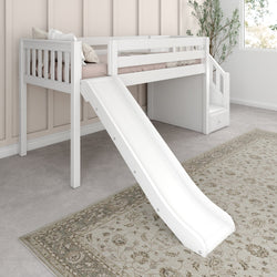 DELICIOUS XL WS : Play Loft Beds Twin XL Low Loft Bed with Stairs + Slide, Slat, White