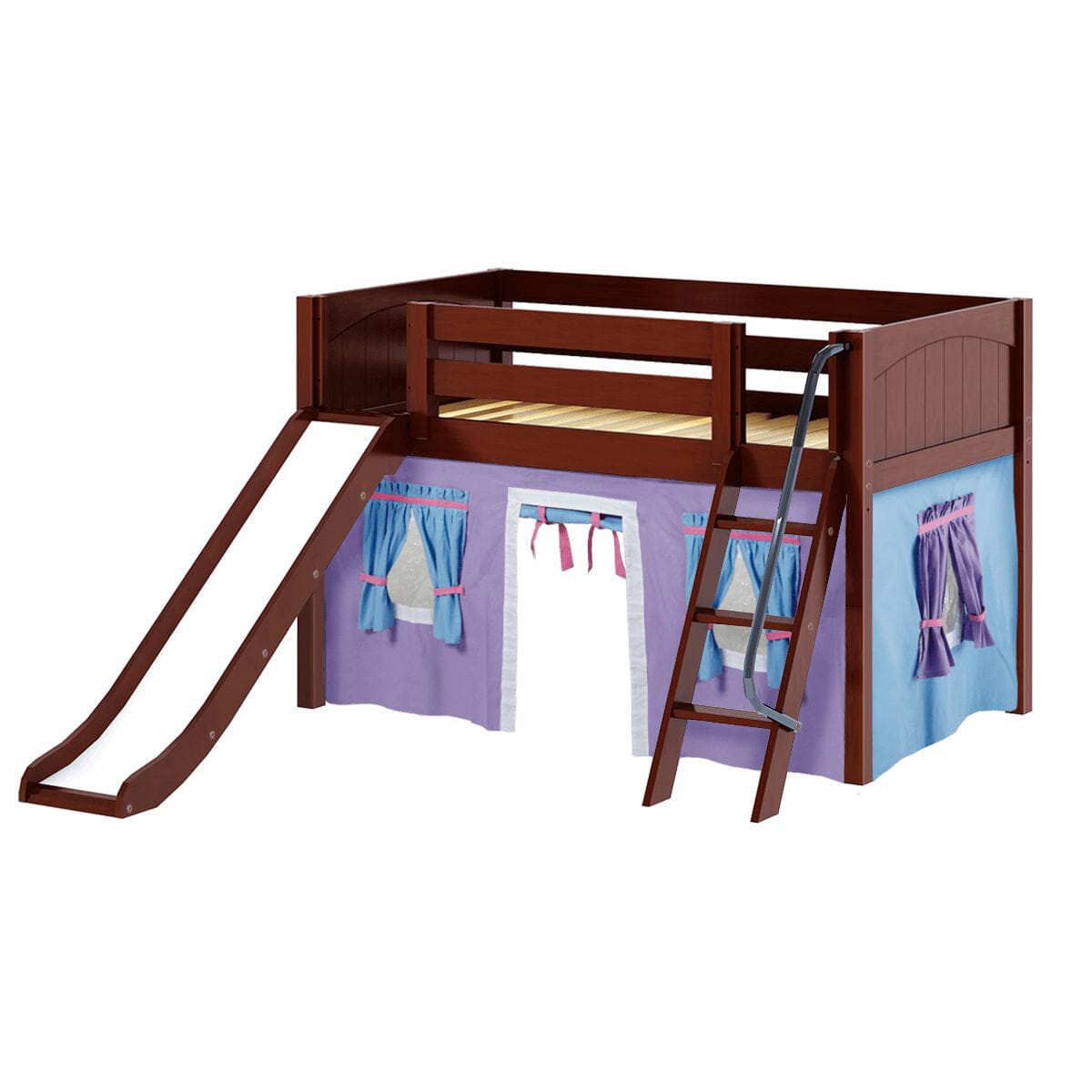 DEN27 CP : Loft Bed Twin Low Loft Bed with Angled Ladder, Curtain + Slide, Panel, Chestnut