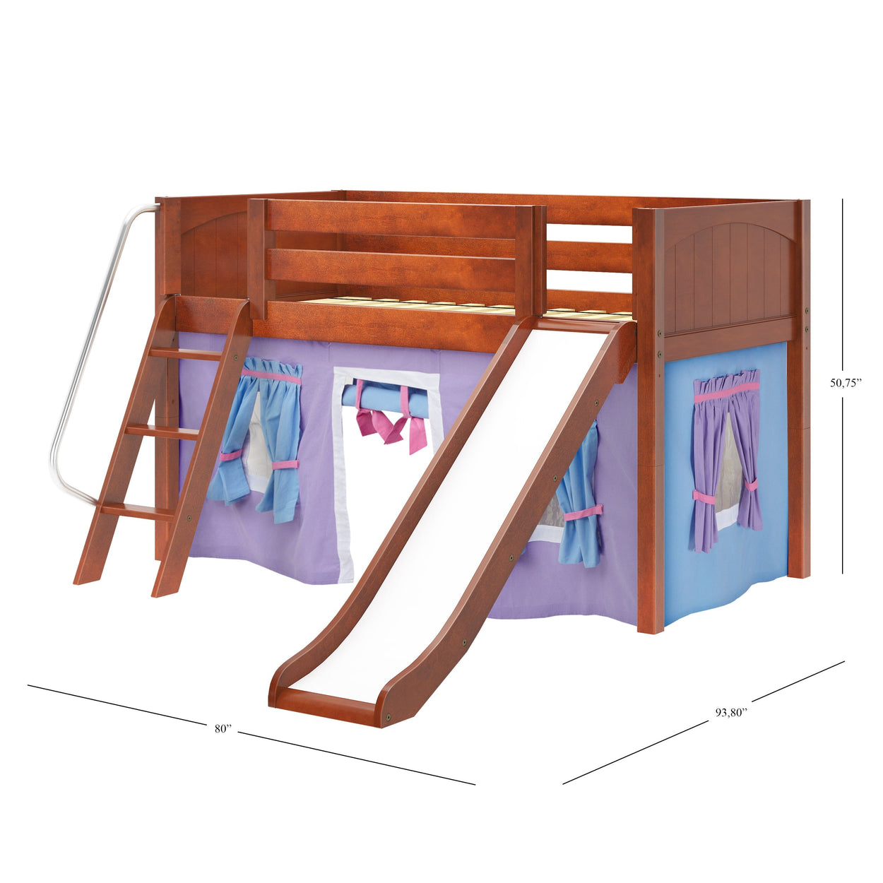 DEN27 CP : Play Loft Beds Twin Low Loft Bed with Angled Ladder, Curtain + Slide, Panel, Chestnut